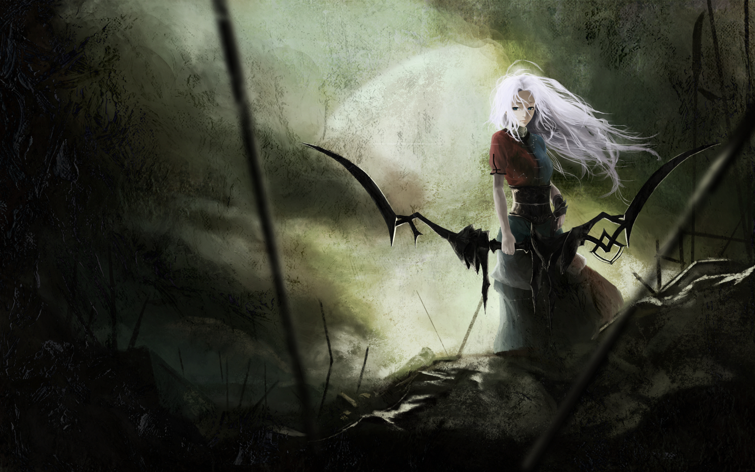 akaikitsune, blue_eyes, bow_(weapon), dress, long_hair, moon, touhou, weapon, white_hair, yagokoro_eirin