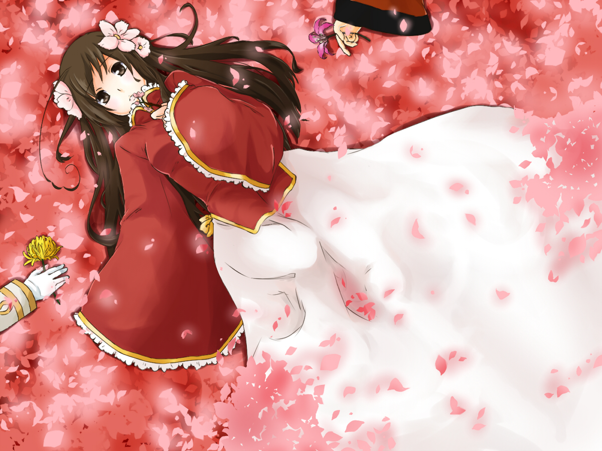anthropomorphism, axis_powers_hetalia, brown_eyes, brown_hair, chinese_clothes, flowers, hong_kong_(hetalia), japan_(hetalia)