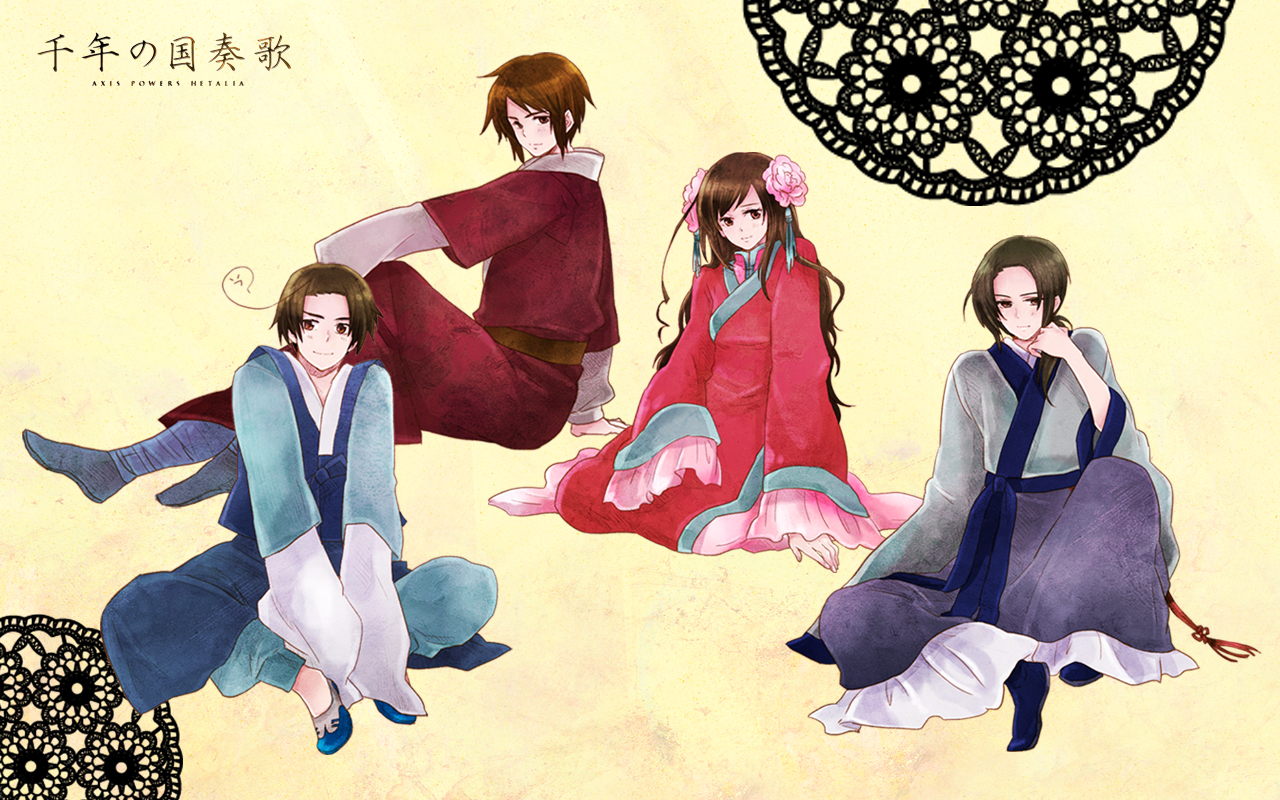 anthropomorphism, axis_powers_hetalia, brown_eyes, brown_hair, china_(hetalia), chinese_clothes, flowers, hong_kong_(hetalia)