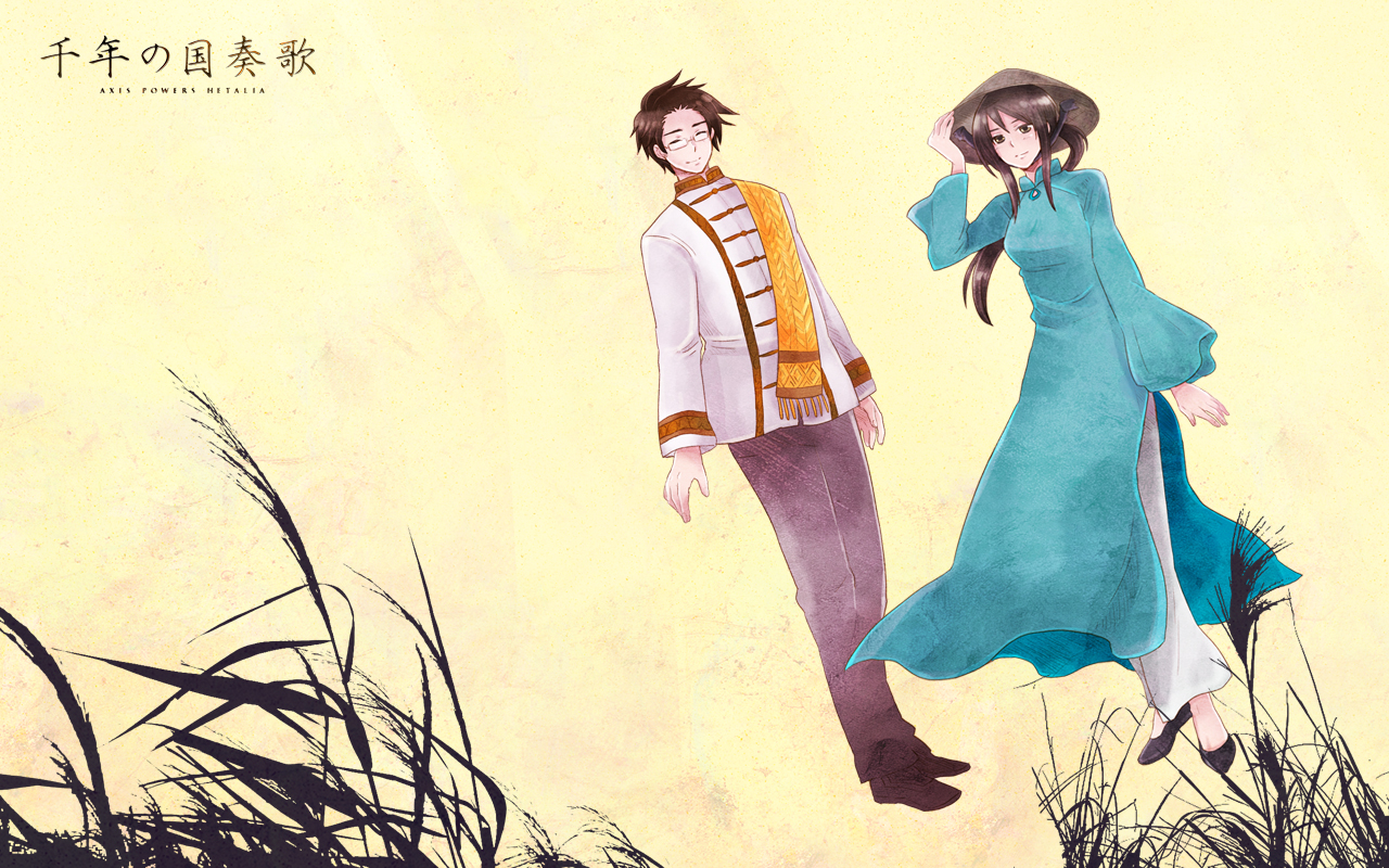 anthropomorphism, axis_powers_hetalia, brown_hair, hat, long_hair, male, ponytail, short_hair, thailand_(hetalia), vietnam_(hetalia)