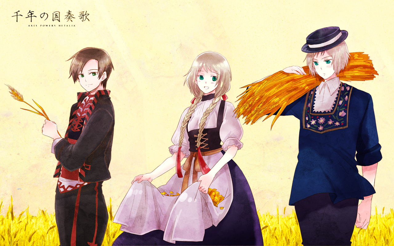 anthropomorphism, axis_powers_hetalia, blonde_hair, braids, brown_hair, bulgaria_(hetalia), dress, hat, liechtenstein_(hetalia), long_hair, male, short_hair, switzerland_(hetalia)