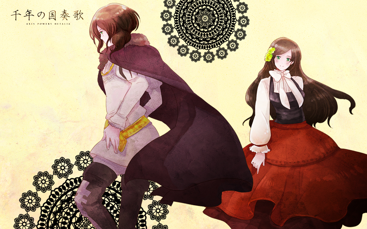 anthropomorphism, axis_powers_hetalia, brown_hair, cape, dress, green_eyes, hungary_(hetalia), long_hair