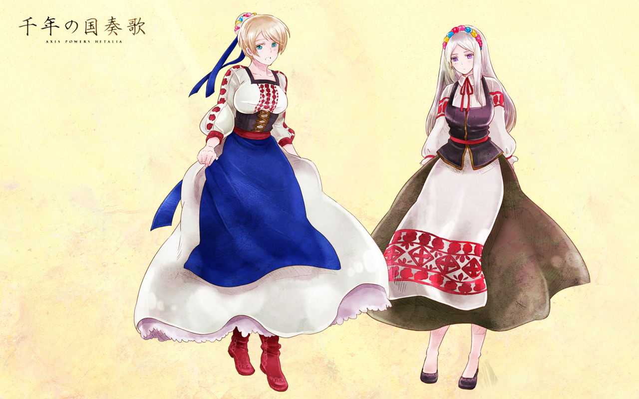 2girls, anthropomorphism, axis_powers_hetalia, belarus_(hetalia), blonde_hair, blue_eyes, dress, long_hair