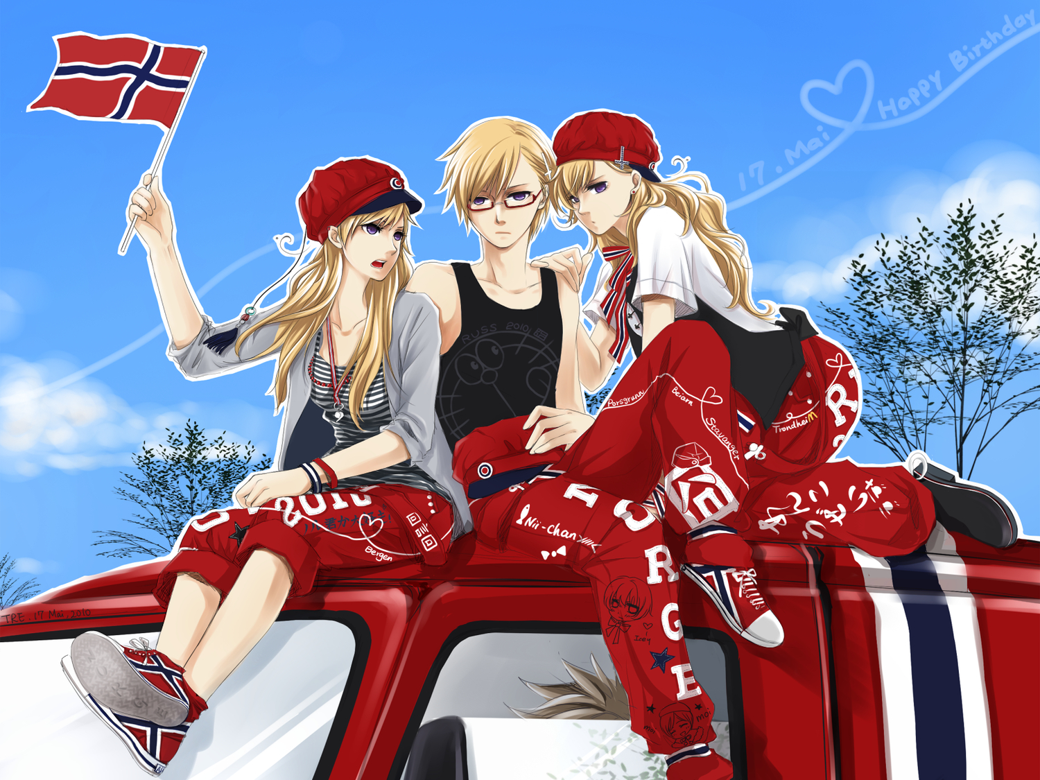 anthropomorphism, axis_powers_hetalia, blonde_hair, car, glasses, hat, male, norway_(hetalia), purple_eyes, short_hair, sky