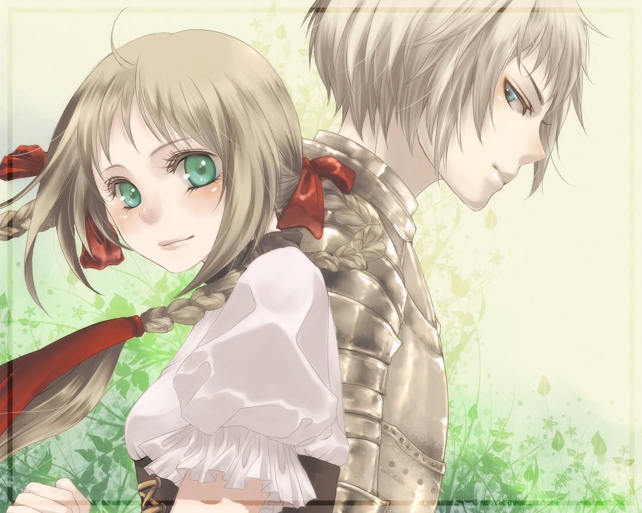 anthropomorphism, armor, axis_powers_hetalia, blonde_hair, blue_eyes, braids, close, green_eyes, liechtenstein_(hetalia), long_hair, male, short_hair, switzerland_(hetalia)