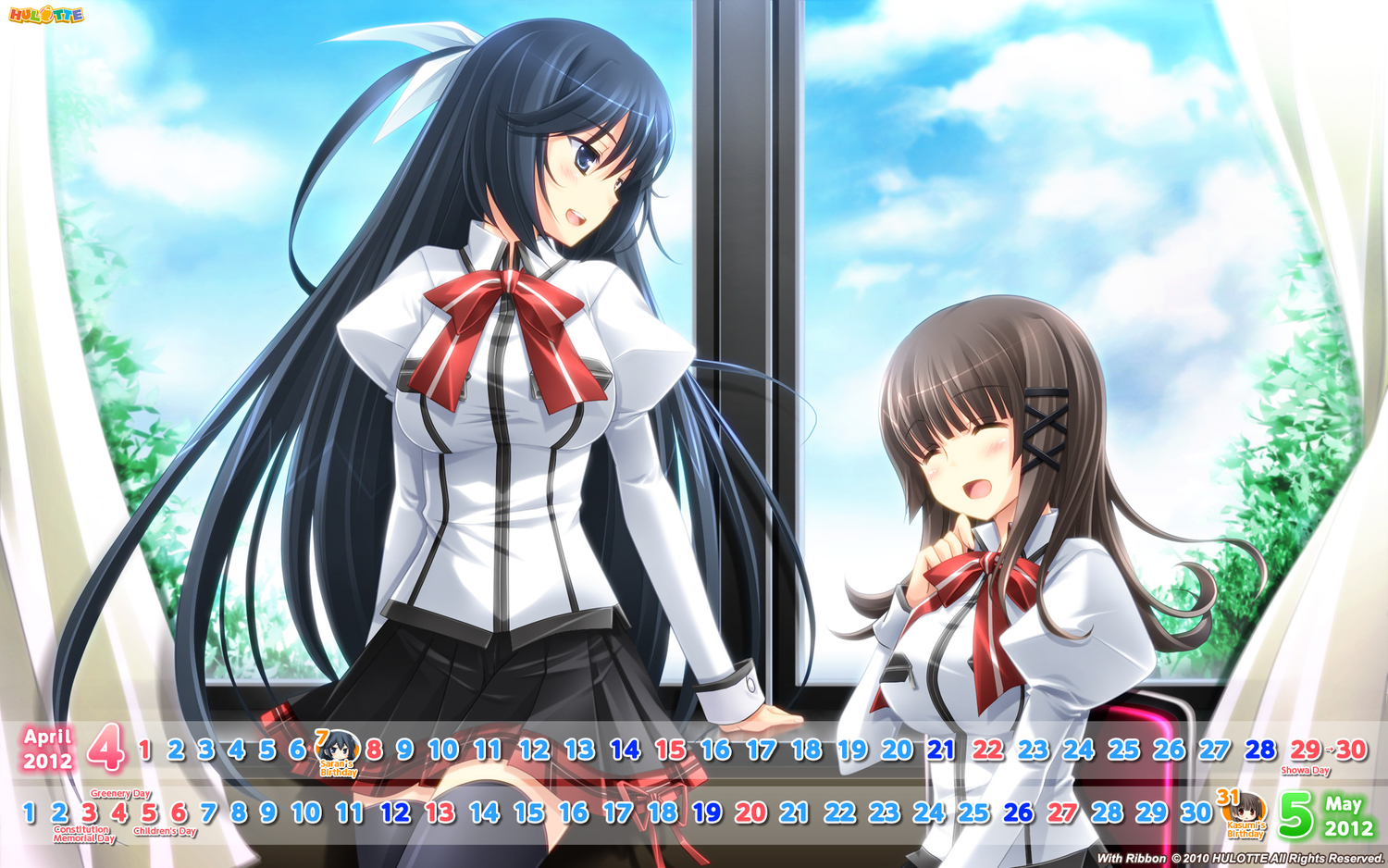 calendar, hulotte, ikegami_akane, makiya_kasumi, saran_takamizawa, school_uniform, thighhighs, with_ribbon