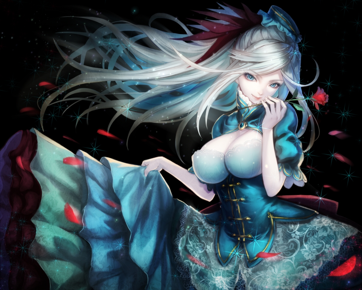 blue_eyes, breasts, cleavage, cropped, dress, flowers, hat, long_hair, original, petals, ponytail, ryuuzaki_ichi, white_hair
