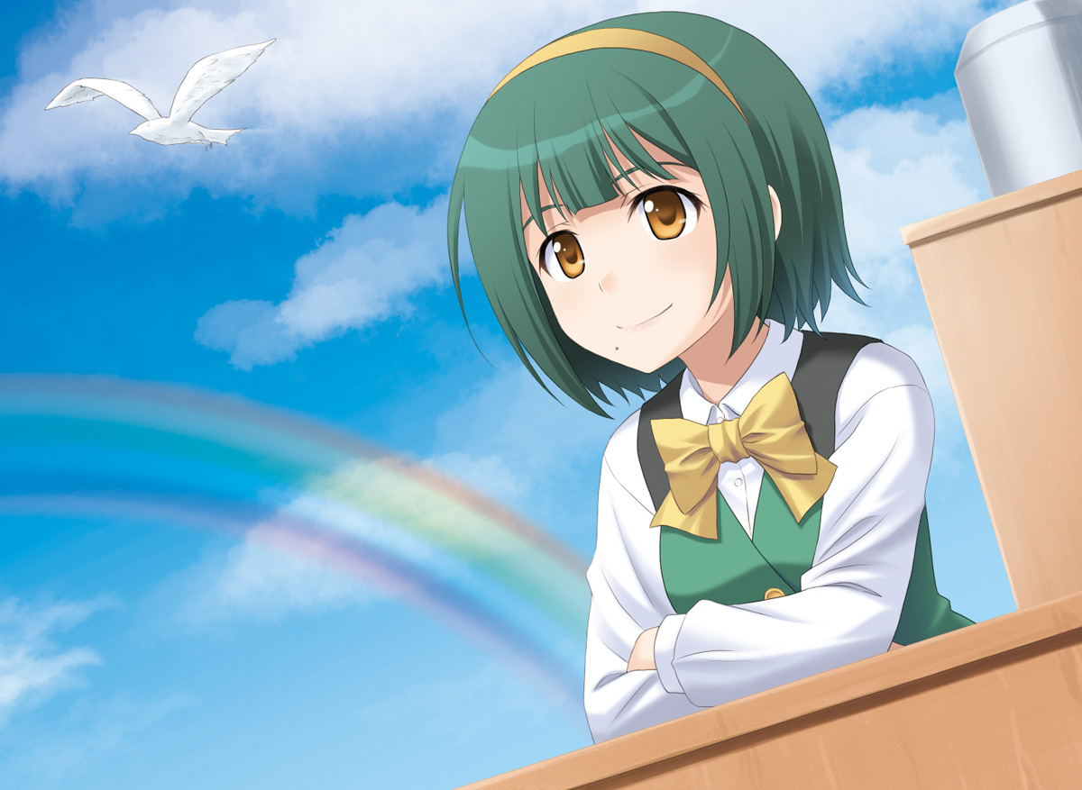 animal, bird, brown_eyes, green_hair, idolmaster, masakichi_(crossroad), otonashi_kotori, rainbow, sky