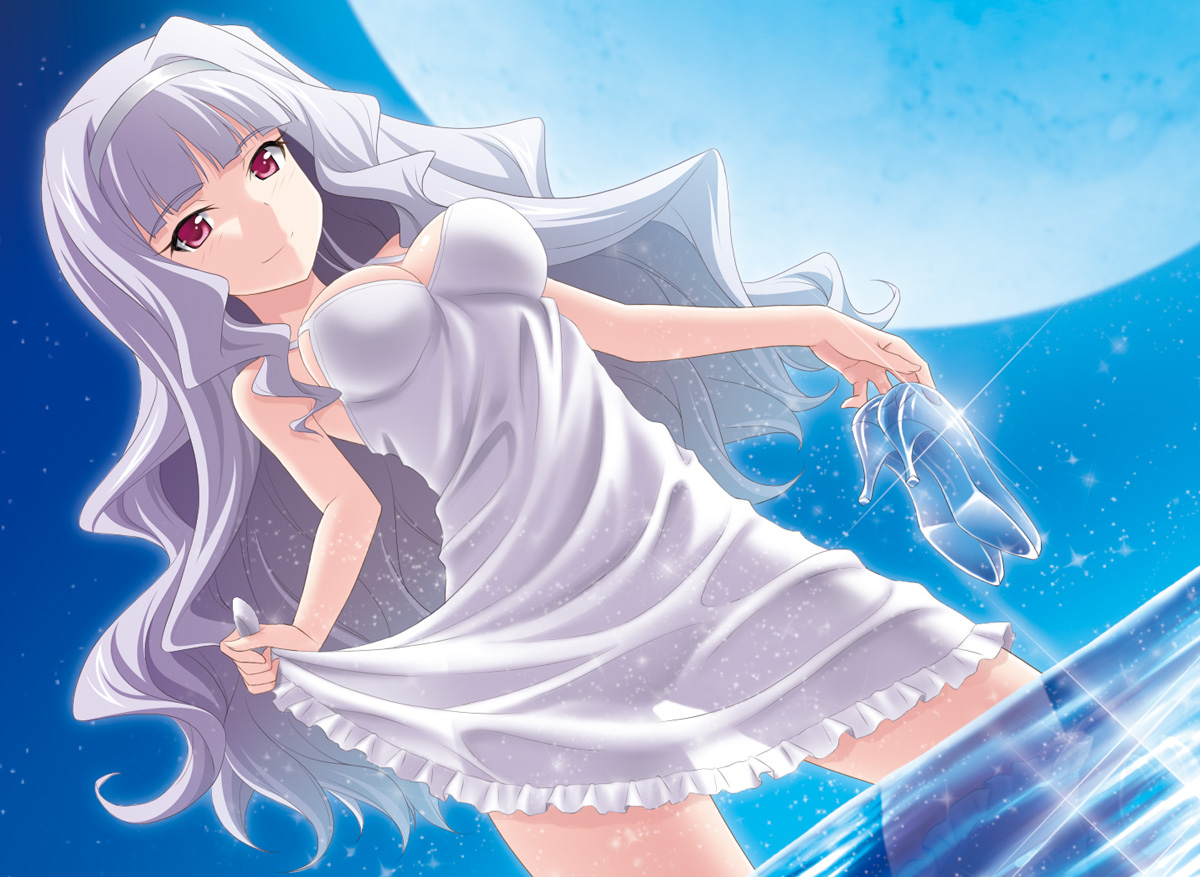 breasts, cleavage, dress, idolmaster, long_hair, masakichi_(crossroad), moon, red_eyes, shijou_takane, water