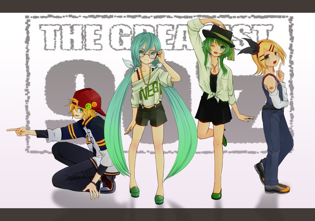 agi_(holic2007), dress, glasses, group, gumi, hat, hatsune_miku, kagamine_len