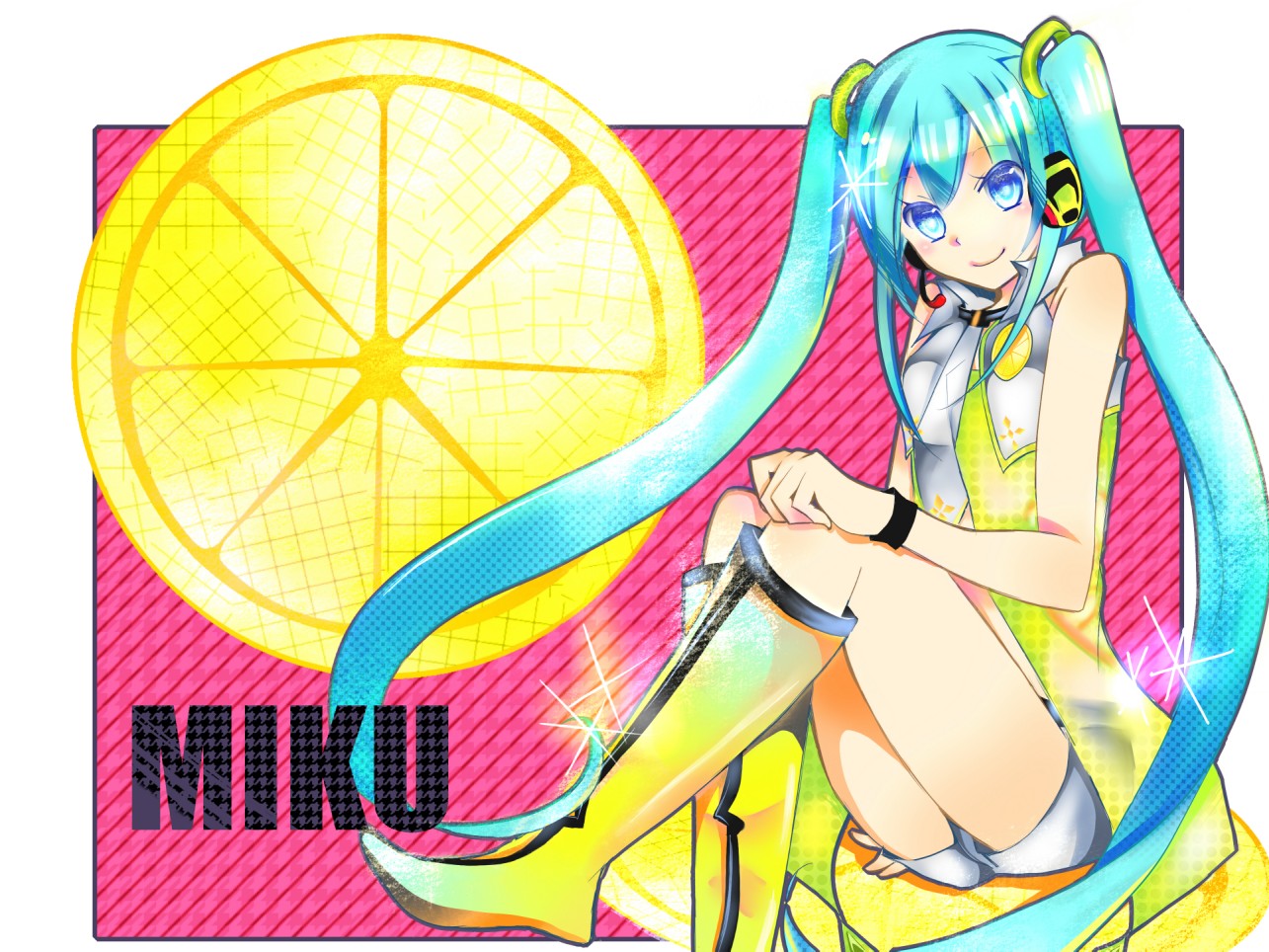 boots, clow, food, fruit, hatsune_miku, shorts, vocaloid, yellow_(vocaloid)