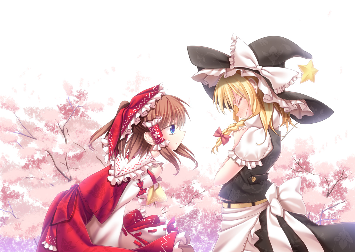 2girls, blonde_hair, blue_eyes, bow, cherry_blossoms, dress, flowers, hakurei_reimu