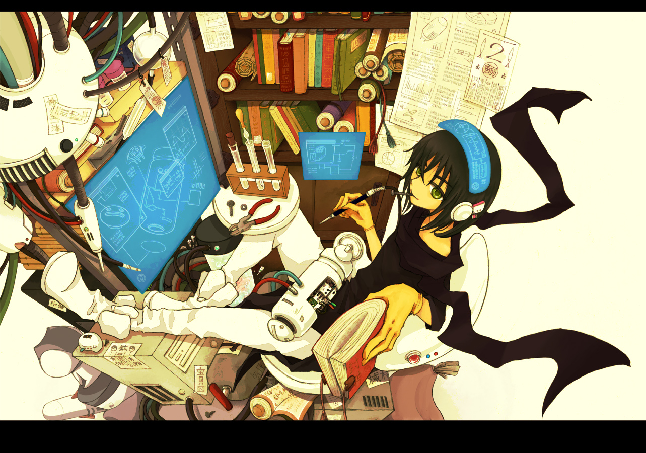 all_male, black_hair, book, computer, gloves, green_eyes, headphones, houshin_engi, kotsuru, male, ofuda, scarf, short_hair, taiitsu_shinjin, translation_request