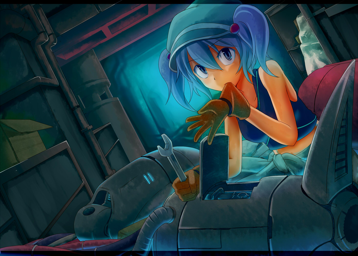 blue, blue_eyes, blue_hair, gloves, hat, industrial, kawashiro_nitori, short_hair, tamahana, touhou, twintails