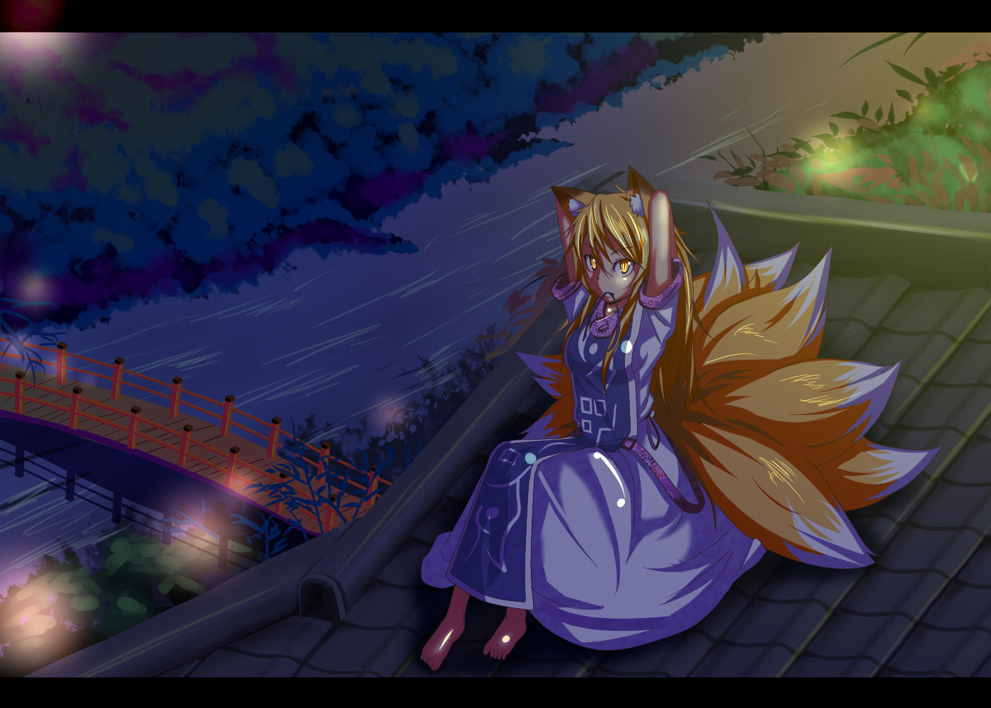 animal_ears, barefoot, blonde_hair, foxgirl, long_hair, multiple_tails, night, tail