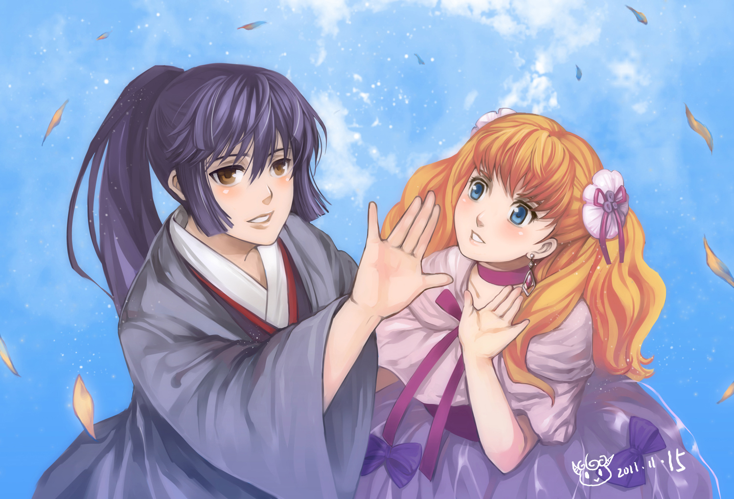 blue_eyes, japanese_clothes, kimono, long_hair, macross, macross_frontier, male, orange_hair, ponytail, saotome_alto, sheryl_nome, syusuke0229