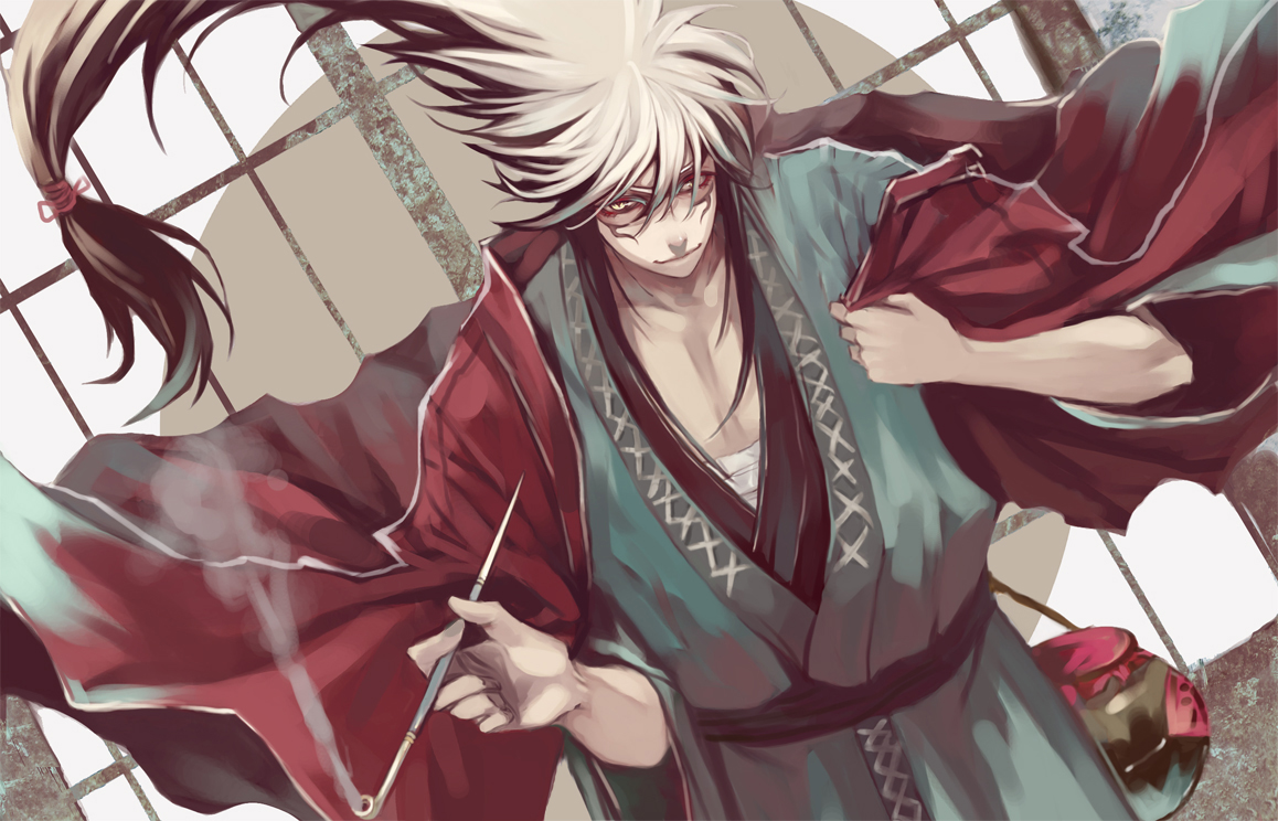 all_male, ao666, japanese_clothes, kimono, long_hair, male, nura_rihyon, nurarihyon_no_mago, smoking, white_hair, yukata