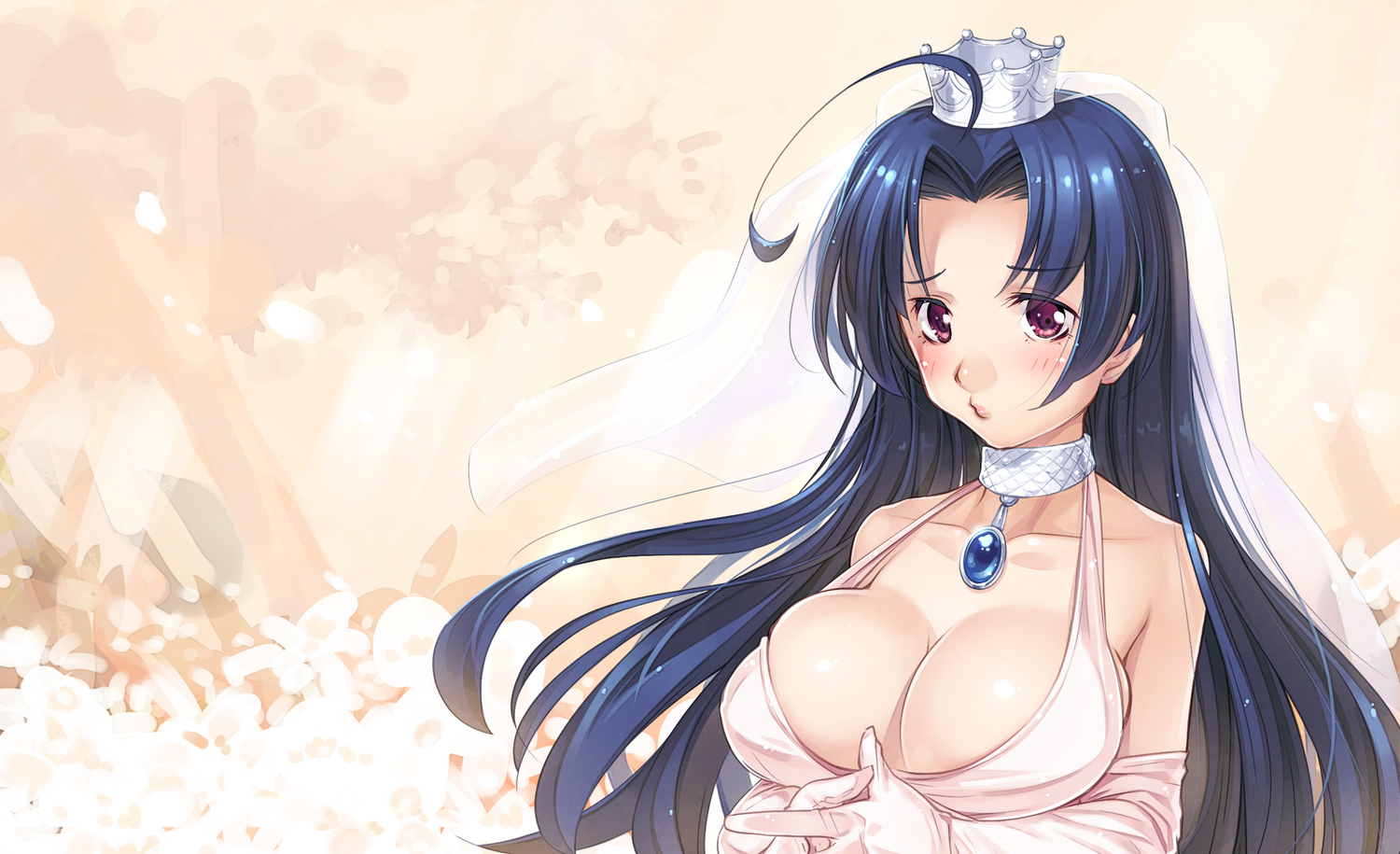 blue_hair, blush, breasts, cleavage, crown, idolmaster, miura_azusa, niku, red_eyes