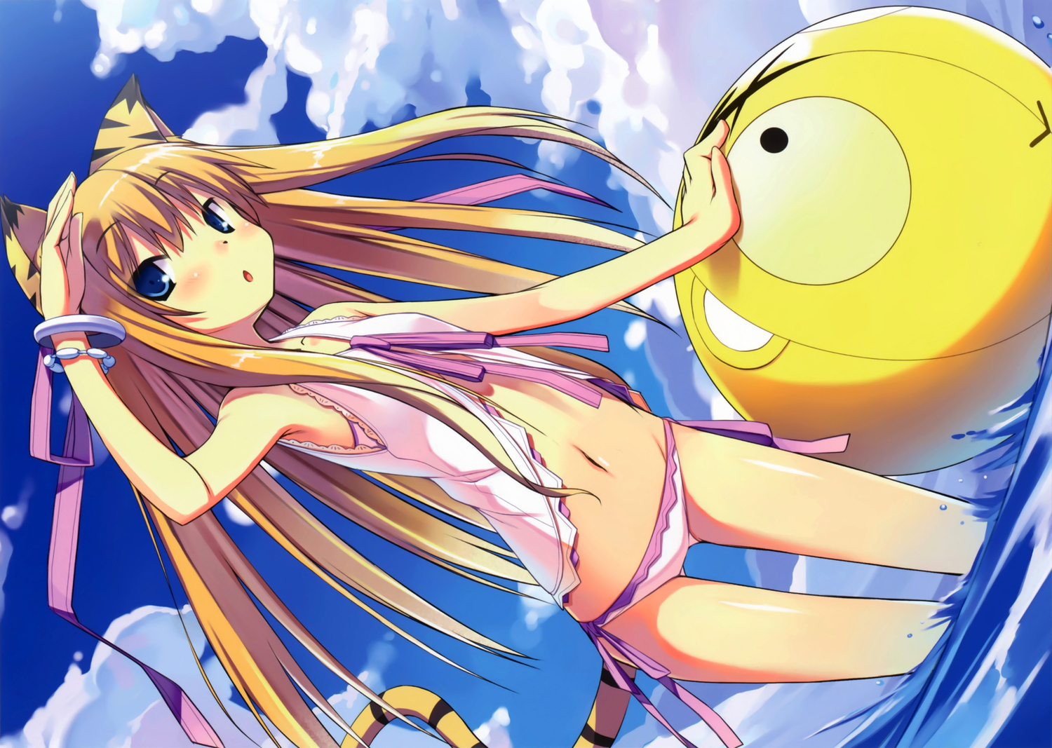 animal_ears, long_hair, original, poco_(asahi_age), swimsuit, tail, water