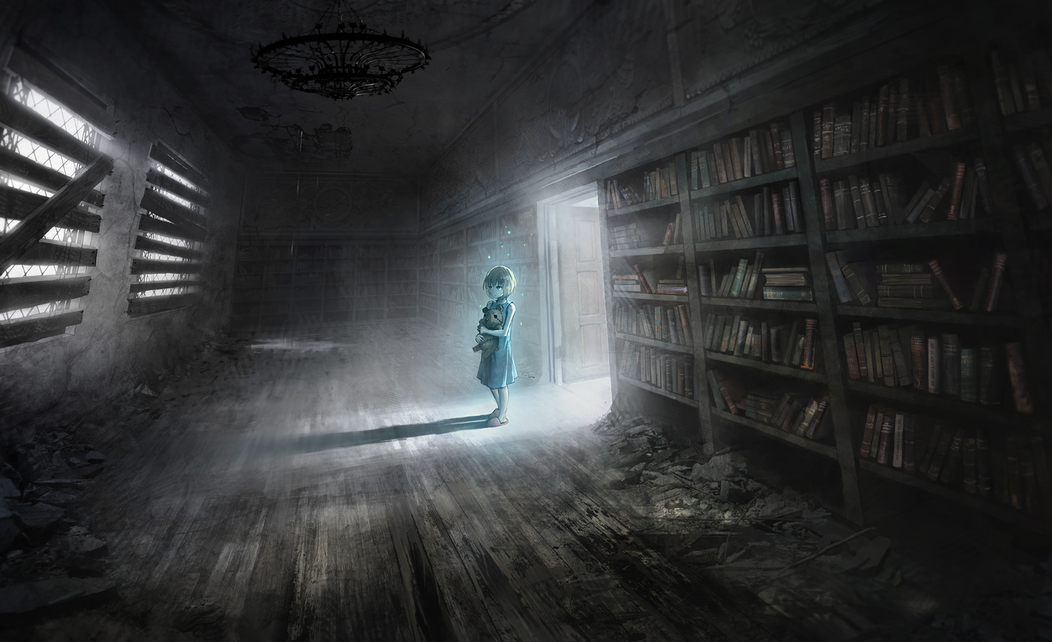 blonde_hair, blue_eyes, book, dark, dress, eyepatch, original, seafh, short_hair, teddy_bear