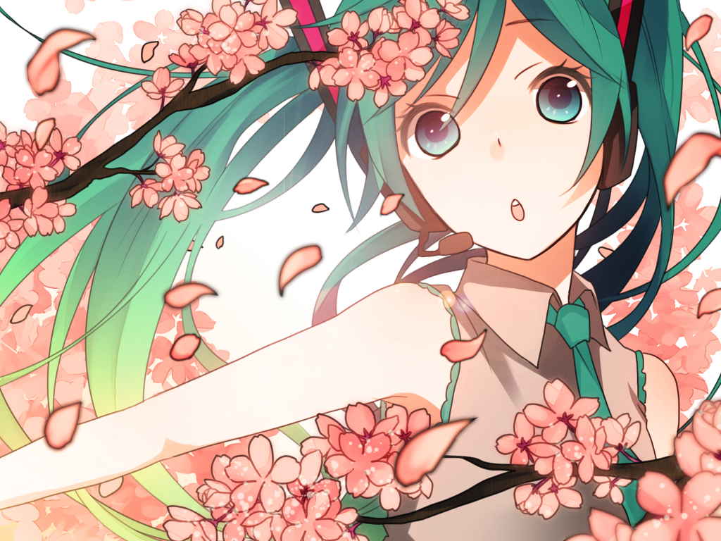 aqua_hair, cherry_blossoms, flowers, hatsune_miku, headphones, koyubi, petals, twintails