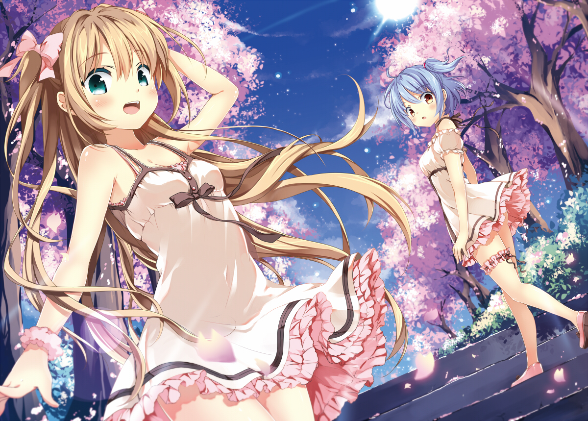 aliasing, cherry_blossoms, chiyingzai, dress, flowers, long_hair, original, petals