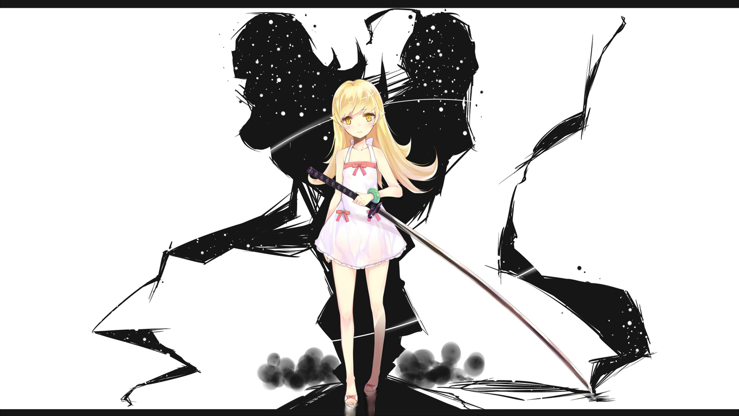 bakemonogatari, blonde_hair, blush, dress, kojiki-life, loli, long_hair, monogatari_(series), nisemonogatari, oshino_shinobu, ribbons, summer_dress, sword, vampire, weapon, white, yellow_eyes