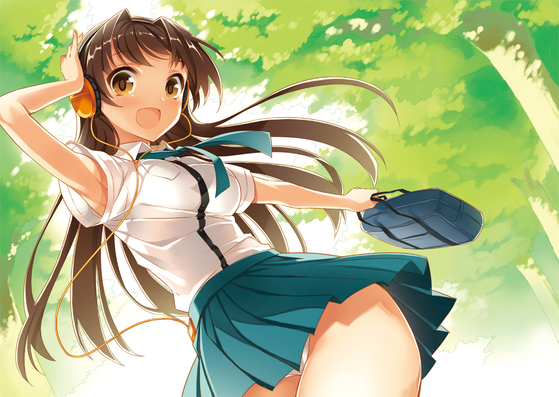 brown_eyes, brown_hair, headphones, kayou_(artist), long_hair, panties, school_uniform, skirt, tagme, tree, underwear, upskirt