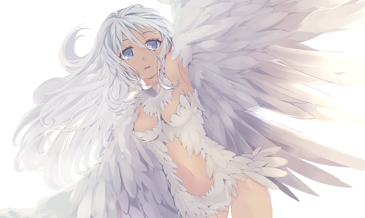 blue_eyes, feathers, long_hair, mizushirazu, original, white_hair, wings