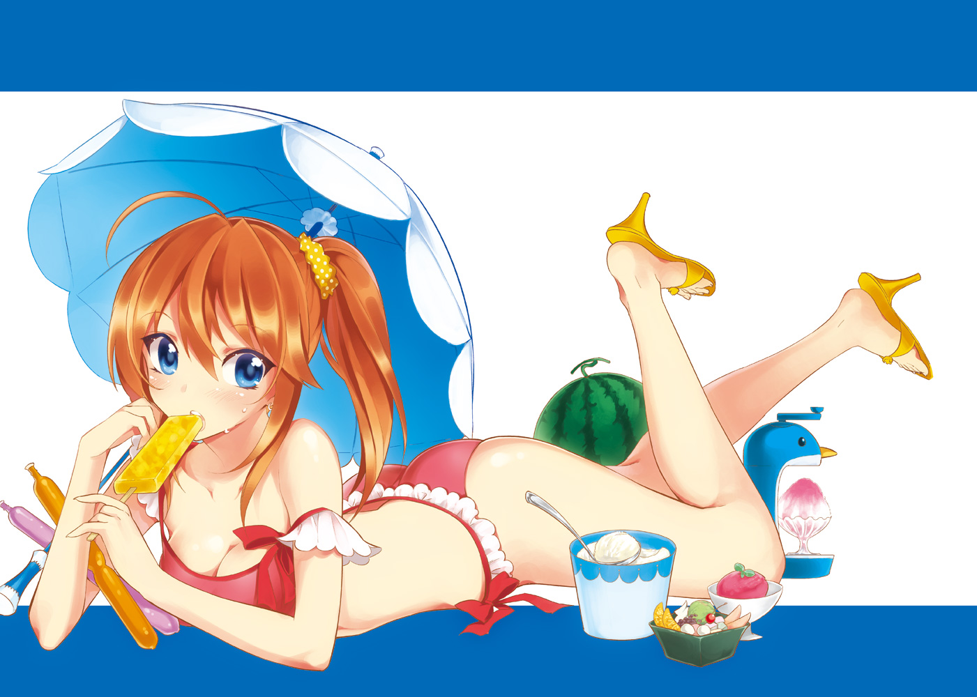 bikini, food, fruit, ice_cream, kayou_(artist), original, swimsuit, umbrella