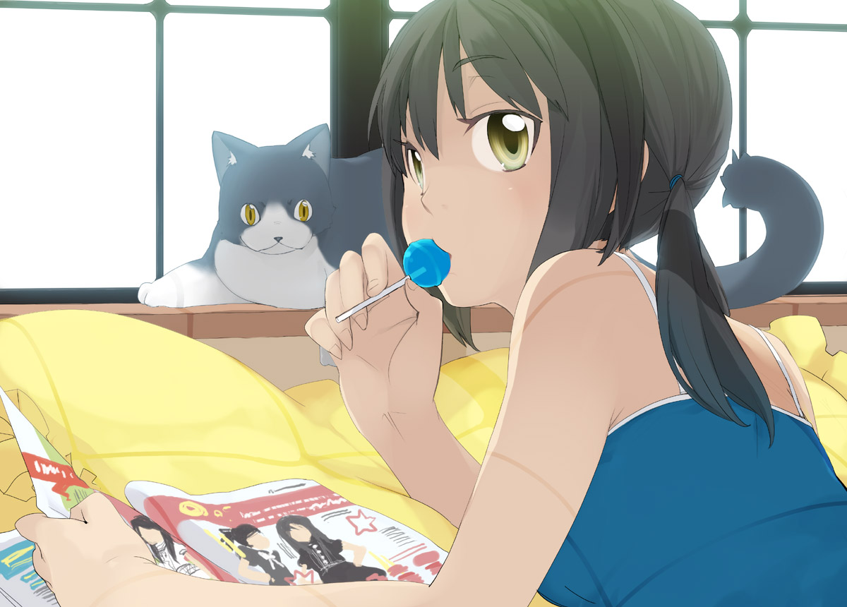 animal, bed, black_hair, candy, cat, kusano_houki, lollipop, original