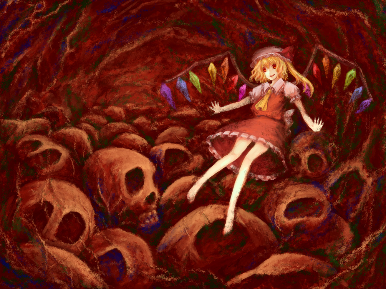 asc_(sfhiro), barefoot, blonde_hair, flandre_scarlet, hat, orange_eyes, skull, touhou, vampire, wings