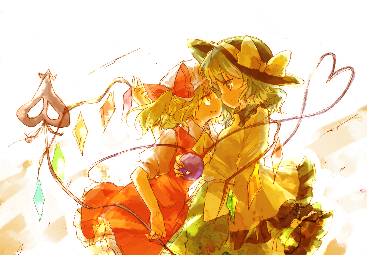 2girls, blonde_hair, fang, flandre_scarlet, green_eyes, green_hair, hat, kinugasa_kaguya, komeiji_koishi, red_eyes, short_hair, touhou, vampire, wings