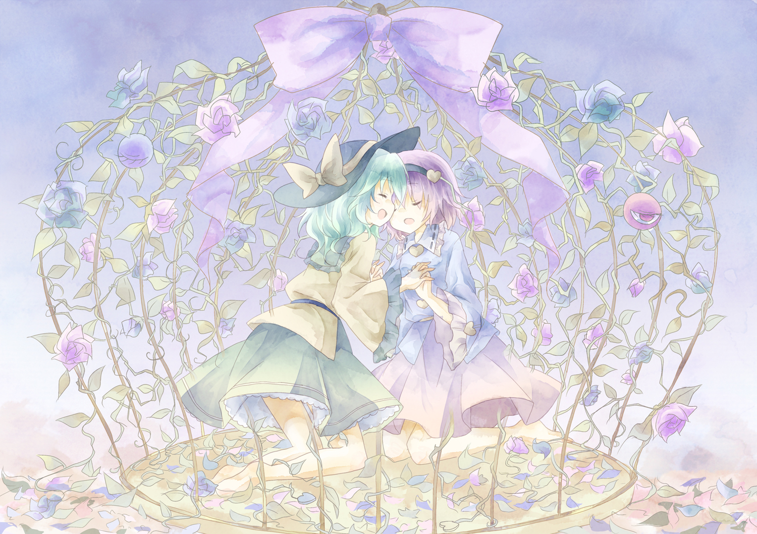 2girls, barefoot, bow, dress, flowers, green_hair, hat, headband