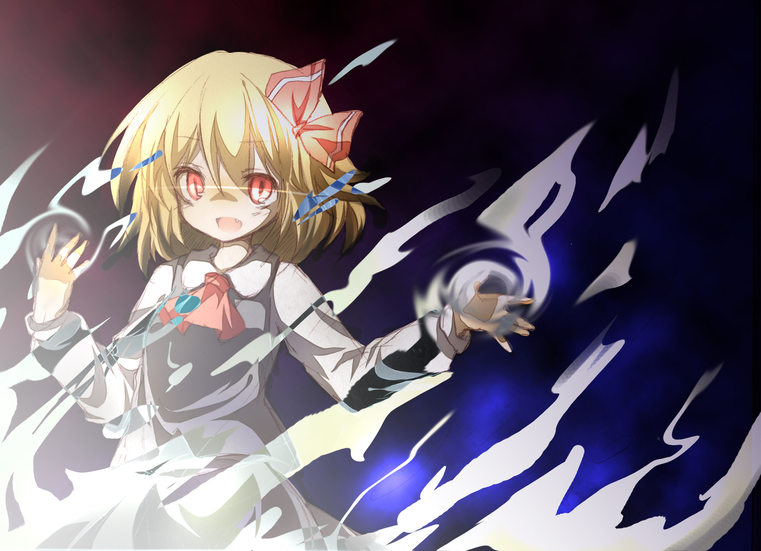 blonde_hair, bow, dress, fang, kinugasa_kaguya, red_eyes, rumia, short_hair, touhou