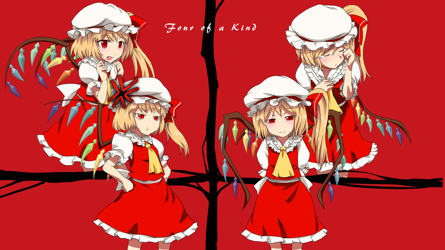 blonde_hair, dress, flandre_scarlet, hat, red, red_eyes, sinzan, touhou