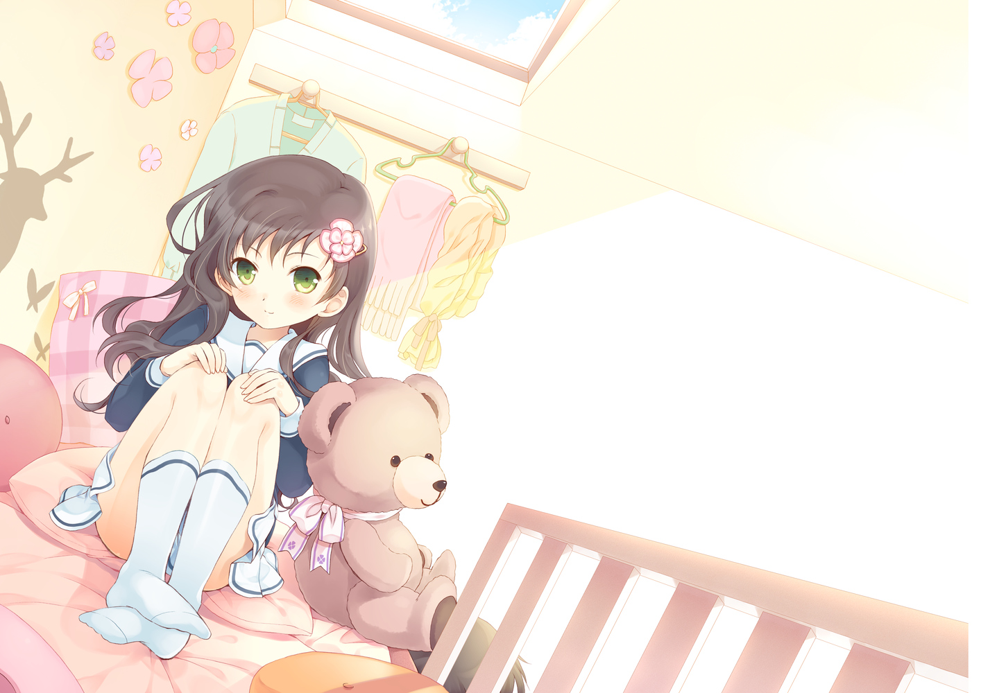 bed, black_hair, green_eyes, komi_zumiko, long_hair, original, school_uniform, socks, teddy_bear
