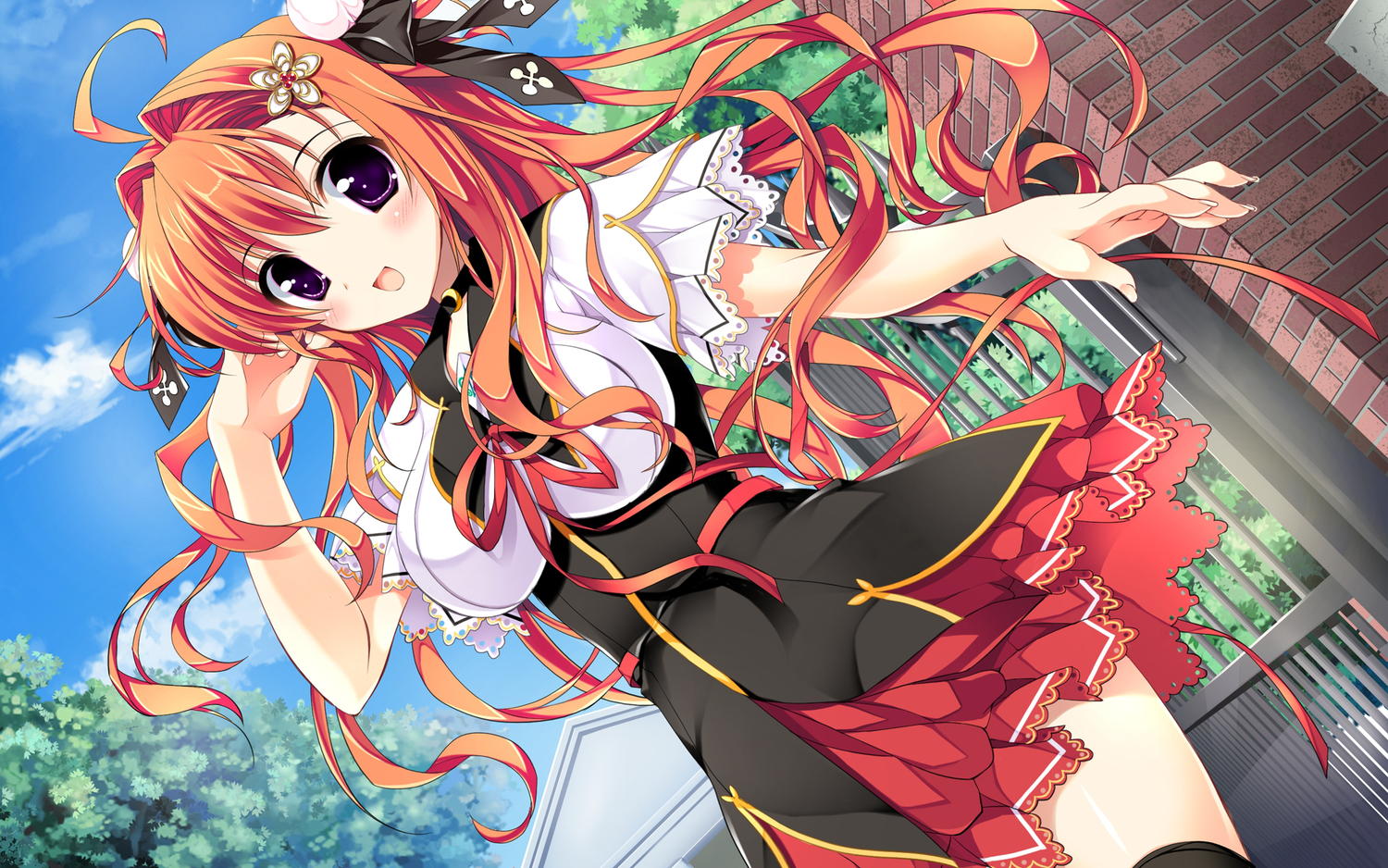 amahara_miyabi, aries, ariko_youichi, blush, dress, game_cg, inuzumi_masaki, long_hair, orange_hair, ore_no_kanojo_no_uraomote, purple_eyes, skirt, sky, tateha, thighhighs
