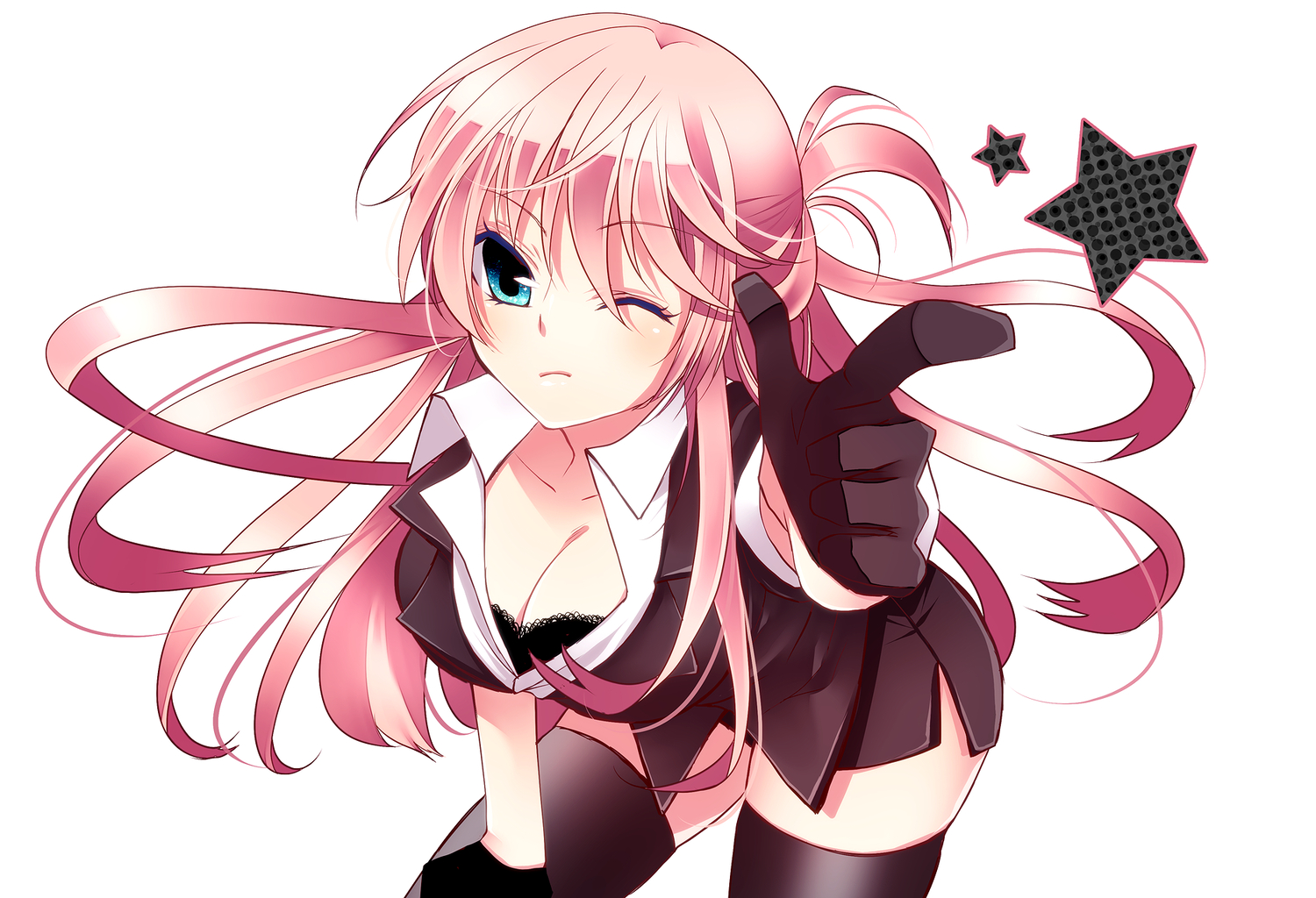 blue_eyes, bra, breasts, cleavage, long_hair, megurine_luka, pink_hair, thighhighs, underwear, vocaloid, white, wink, yunxko