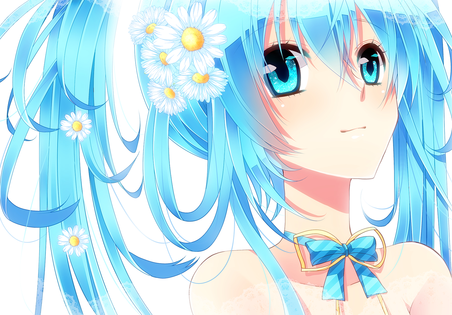 blue_eyes, blue_hair, bow, close, flowers, hatsune_miku, vocaloid, white, yunxko