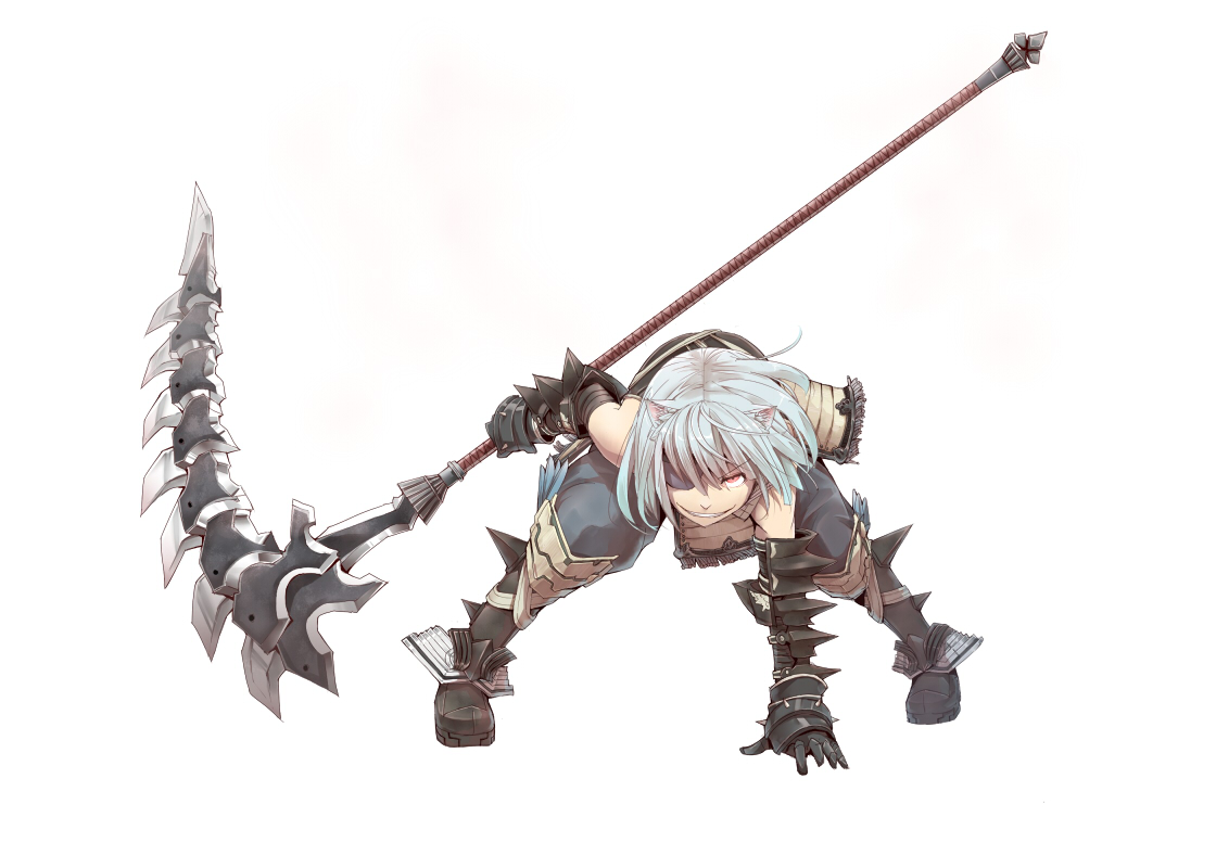 animal_ears, armor, eida@renshuuchuu, eyepatch, scythe, tagme, weapon, white
