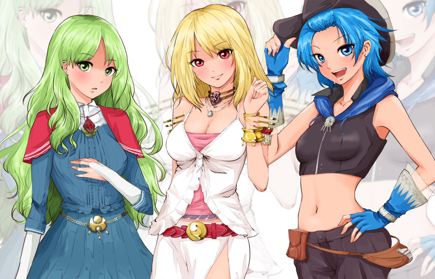 blonde_hair, blue_eyes, blue_hair, blush, breasts, cleavage, dress, gloves, green_eyes, green_hair, hat, necklace, red_eyes, saijou_hirokazu, zoom_layer