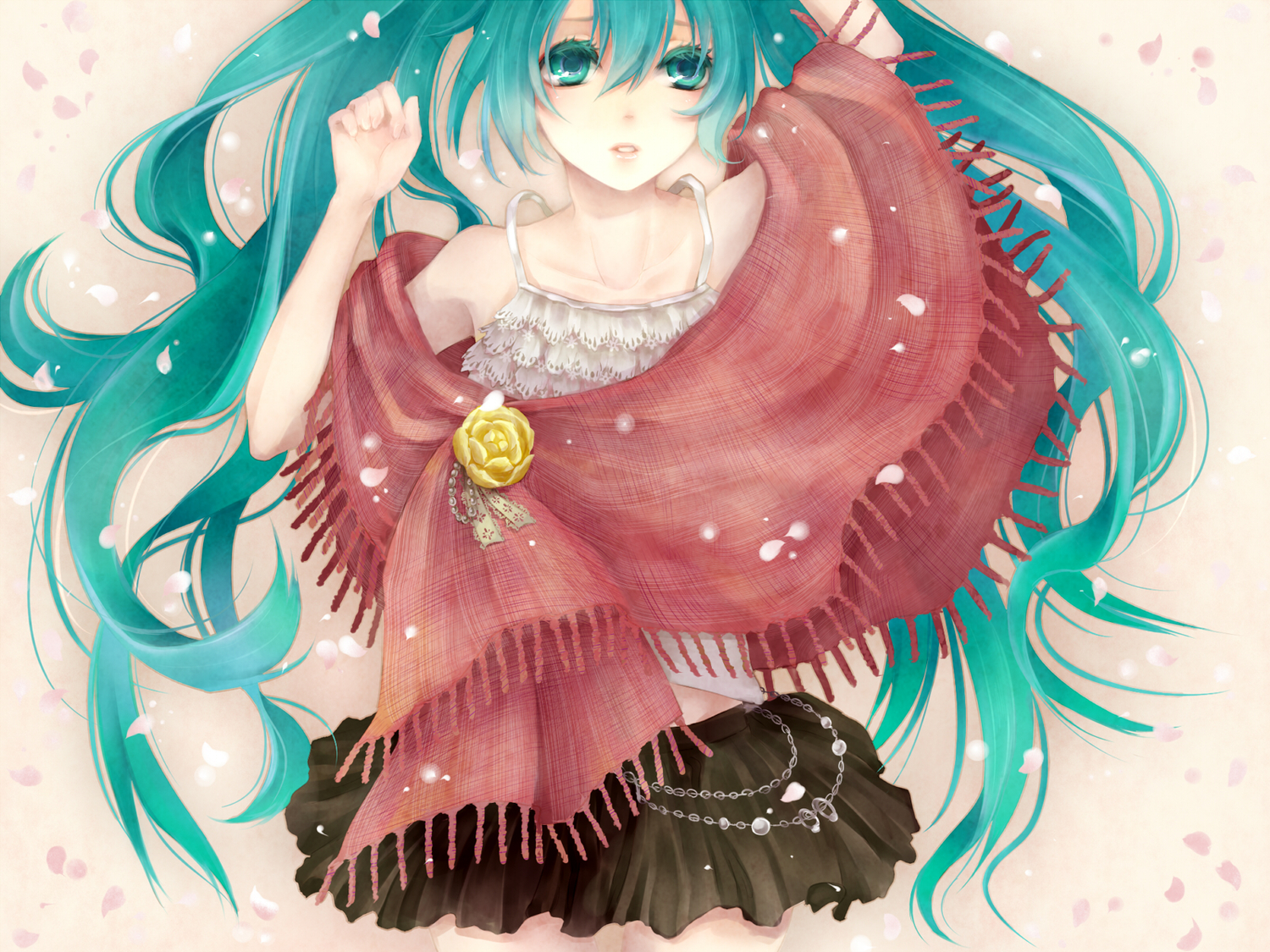 aqua_eyes, aqua_hair, hatsune_miku, long_hair, petals, skirt, vocaloid, yamaneko514