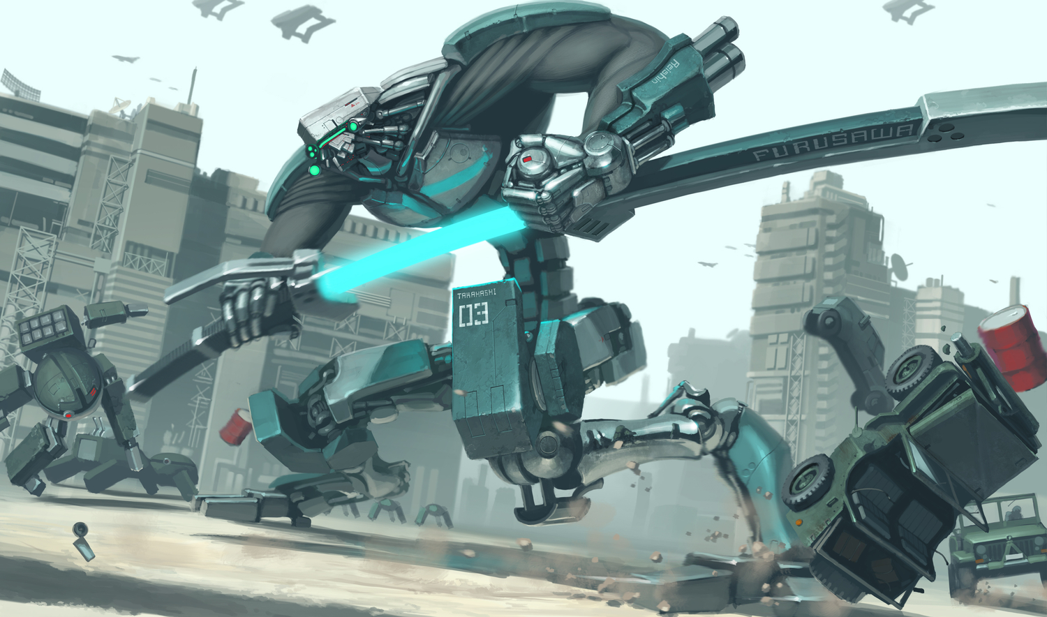 building, car, mecha, original, reishin_(tenpurasoba), sword, weapon