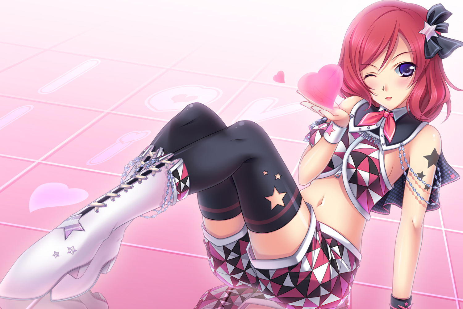 boots, kirara0831, love_live!_school_idol_project, nishikino_maki, red_hair, thighhighs, wink
