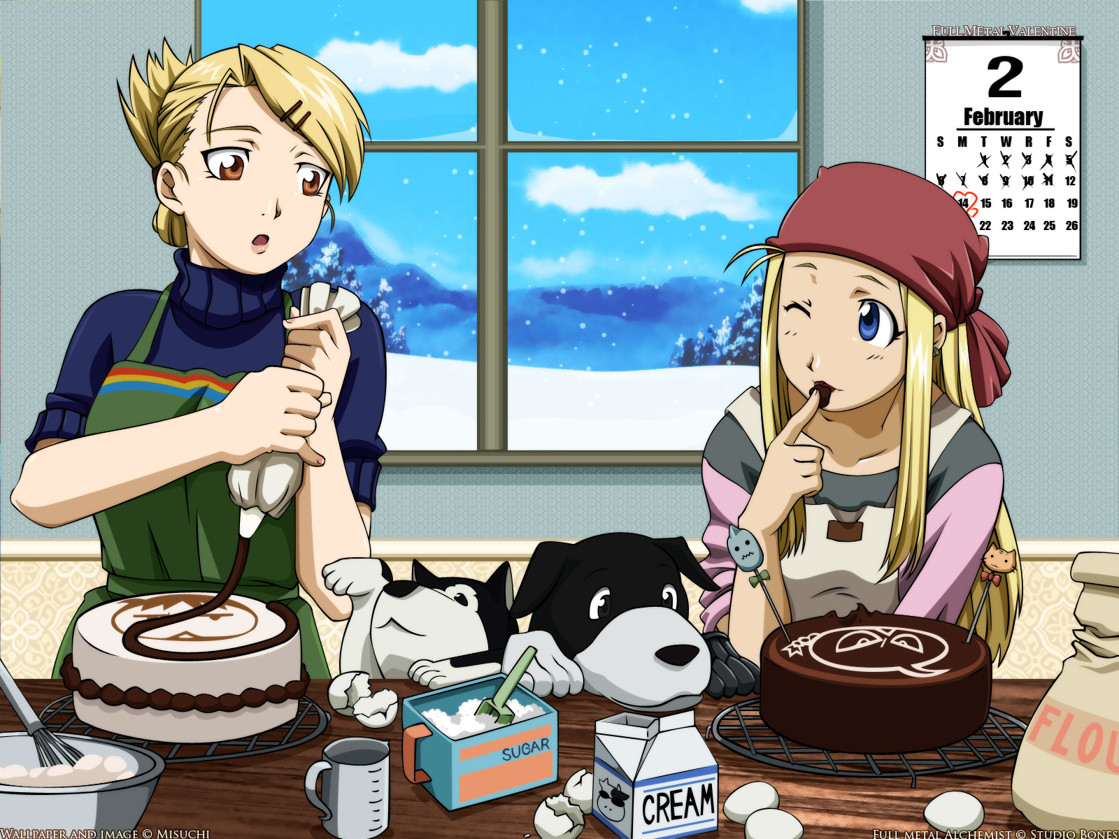 black_hayate, blonde_hair, blue_eyes, brown_eyes, fullmetal_alchemist, riza_hawkeye, wink, winry_rockbell