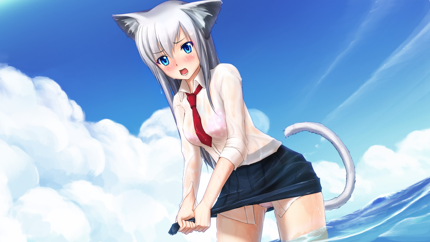 animal_ears, catgirl, original, panties, school_uniform, shirakawa_mayo, tail, underwear, water, wet