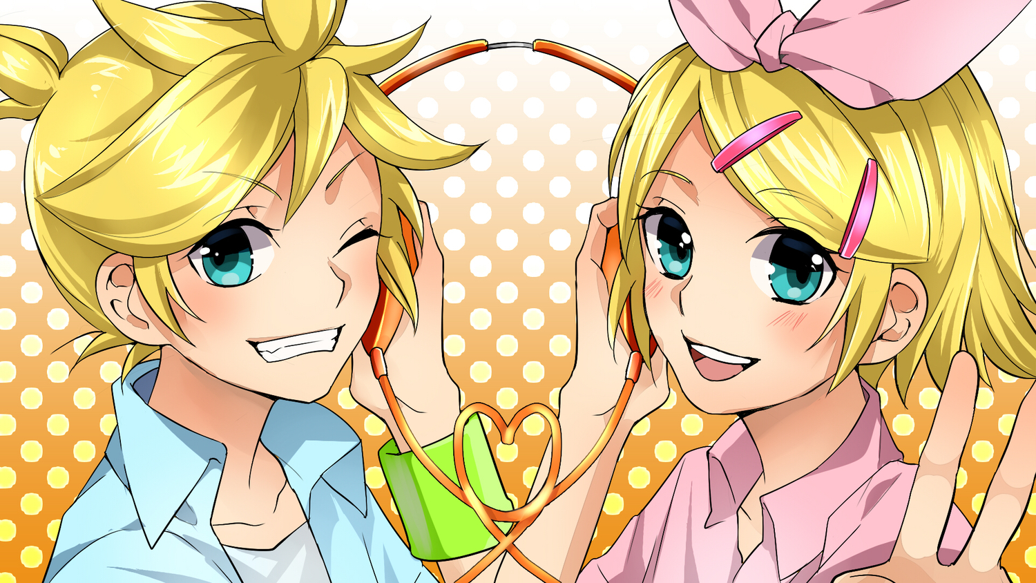 aqua_eyes, blonde_hair, close, headphones, ichinose777, kagamine_len, kagamine_rin, male