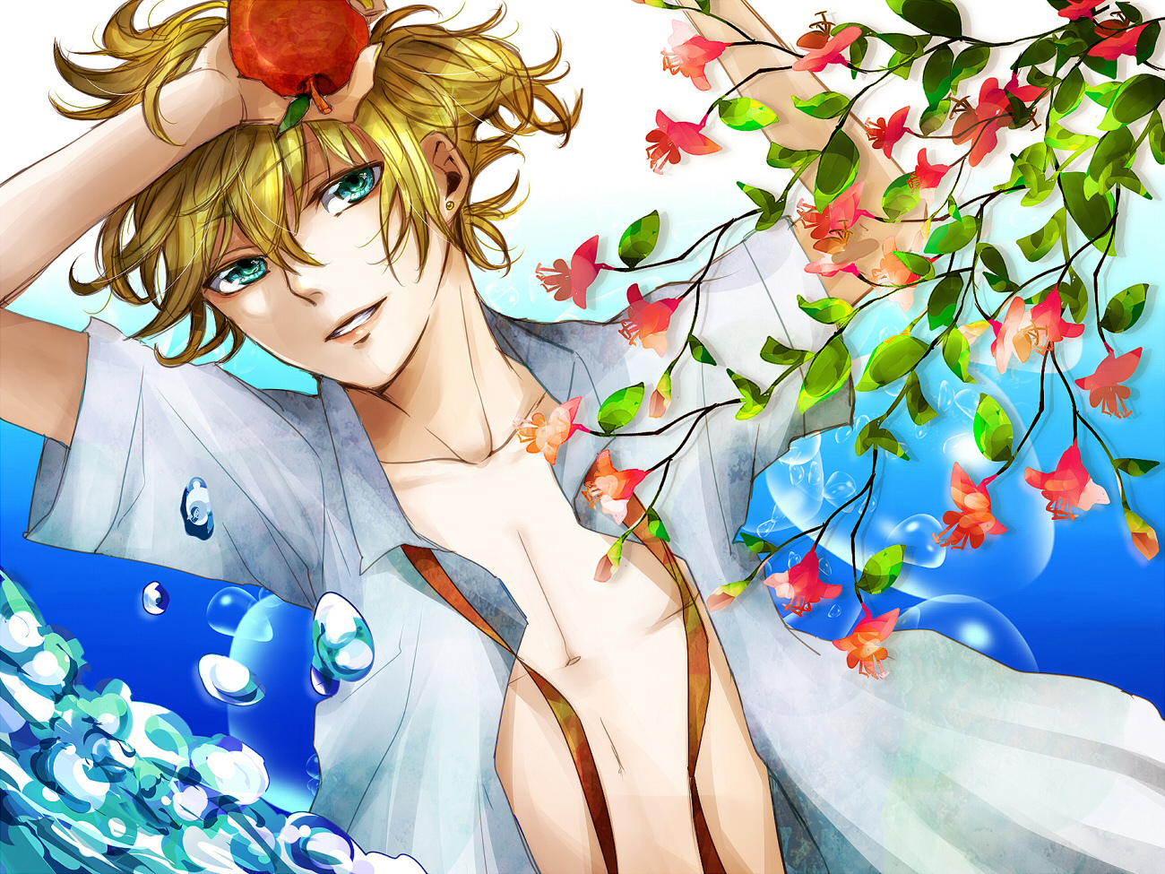 all_male, apple, aqua_eyes, blonde_hair, flowers, food, fruit, ichinose777