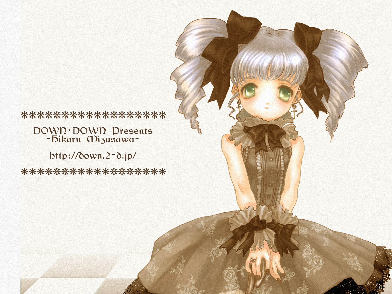blush, bow, dress, gray_hair, green_eyes, long_hair, mizusawa_hikaru, tagme